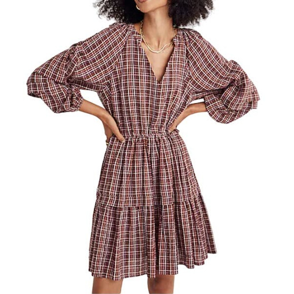 Madewell Dresses & Skirts - NWT Madewell Seersucker Wrap Mini Dress Plaid Burgundy Red Women XS